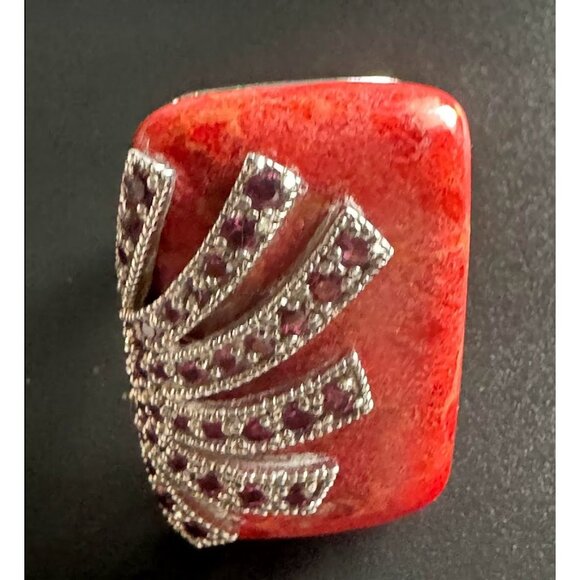 Sterling Silver & Red Coral Ring With Ruby Accents Handmade In Thailand Size 7 - Picture 2 of 6